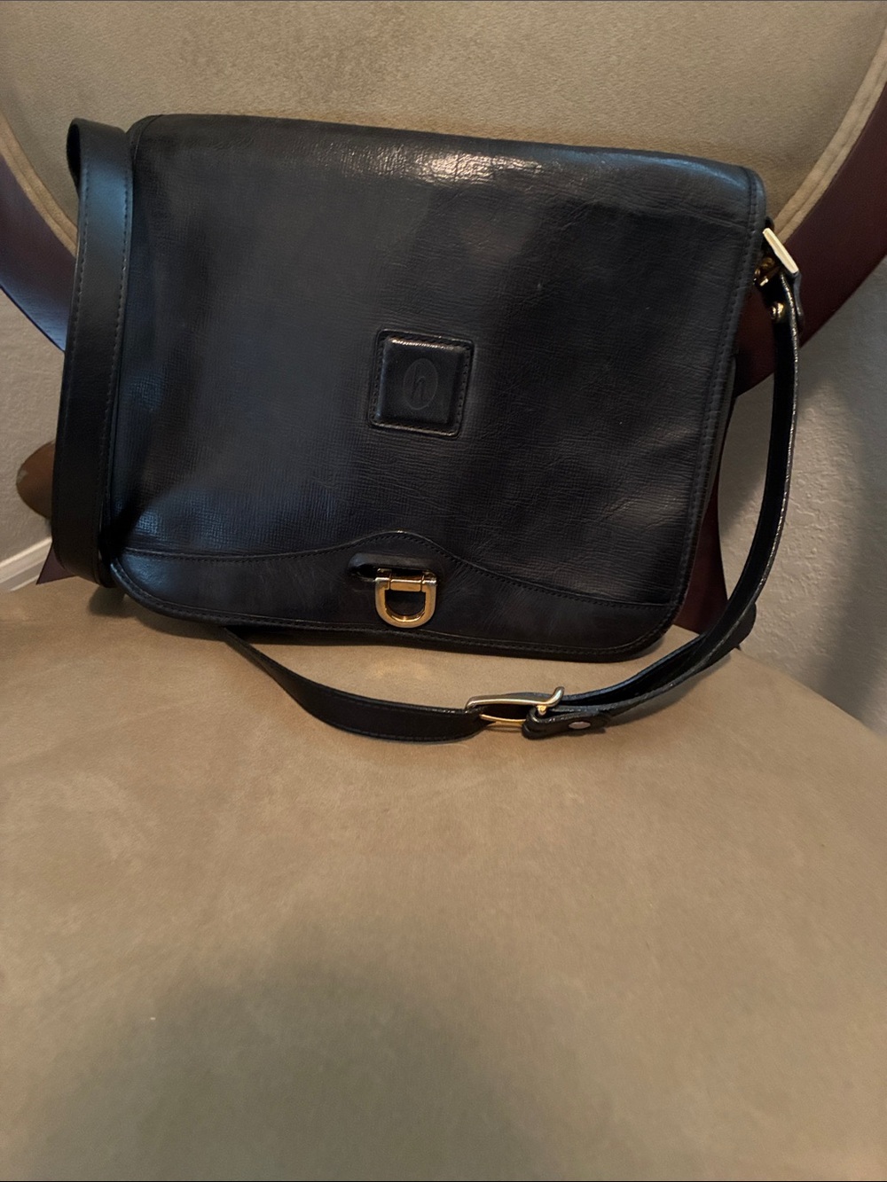 Black Leather Crossbody Bag with Gold Buckle